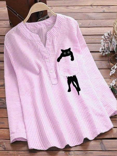 Women's Striped Cotton And Linen Pocket Printed Casual V-neck Long Sleeve Shirt
