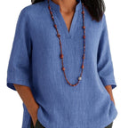 Summer Women's Clothing V-neck 34 Sleeves Cotton And Linen Loose Casual Shirt