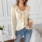 V-neck Flounce Slim Fit Slimming Top T-shirt For Women