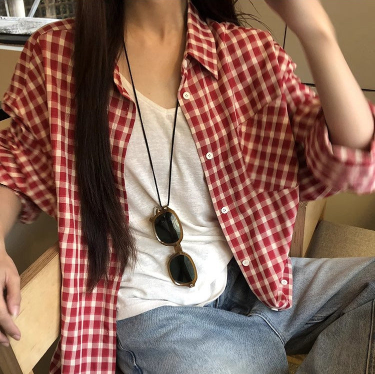 Red Plaid Shirt Cardigan Women's Long Sleeve Jacket