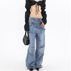 Zipper Multi-pocket Loose High Waist Wide Leg Straight Jeans