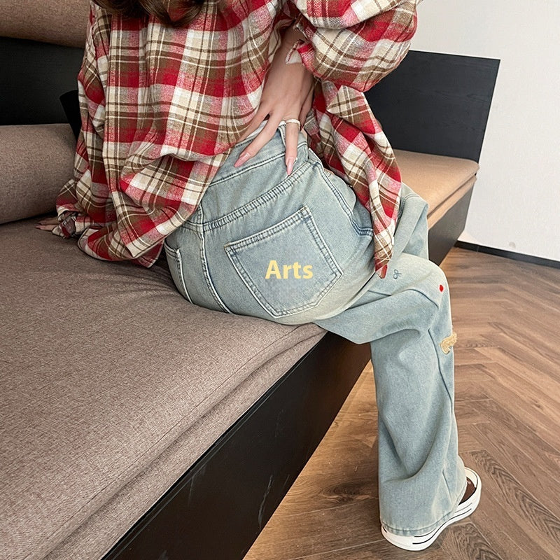 Cartoon Puppy Embroidered High Waist Straight Jeans