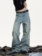American Retro Washed Worn Jeans Women's Loose Straight