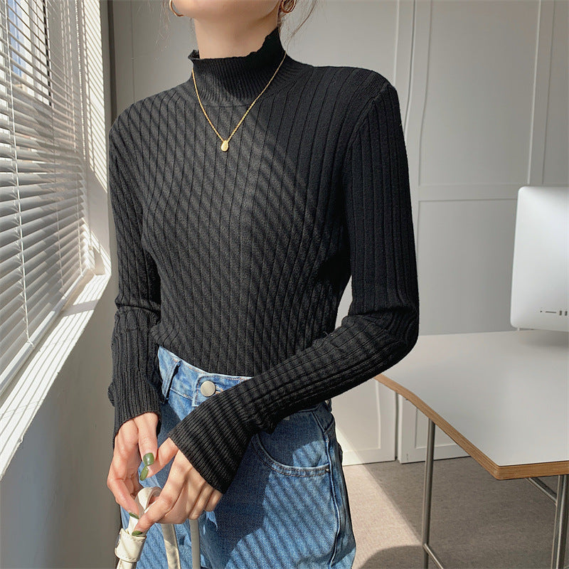 Half-high Collar Long Sleeves Knitted Bottoming Shirt Top For Women