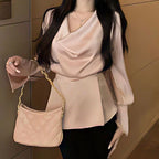 High-end Irregular Bell Sleeve Waist-tight Graceful Satin Long Sleeve Shirt