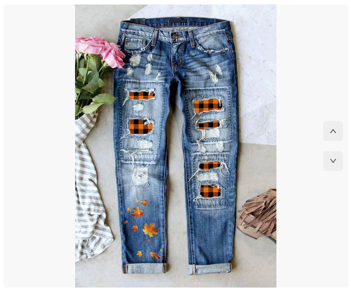 Ladies Ripped Plaid Ladies Jeans Trousers