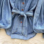 Retro Lace-up Waist-controlled Stand-up Collar Puff Sleeve Denim Top