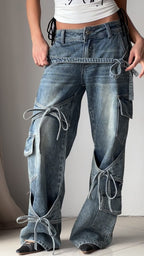 Denim Utility Jeans With Knot - Tied Elements