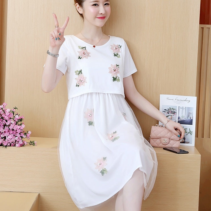 Summer Korean Fashion Mid-Length Short-Sleeved Fake Two-Piece Breastfeeding Plus Size Dress
