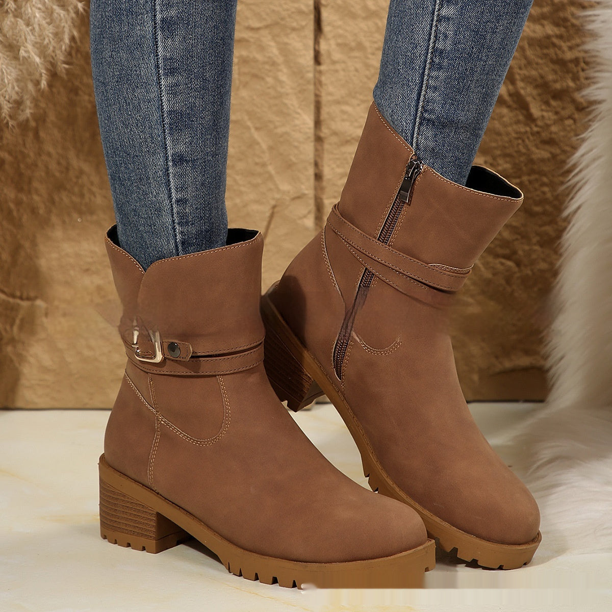 Belt Buckle Women's Ankle Boots Elastic Band