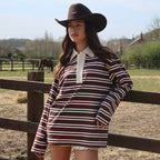 Autumn Loose Striped Polo Collar Long Sleeve Top