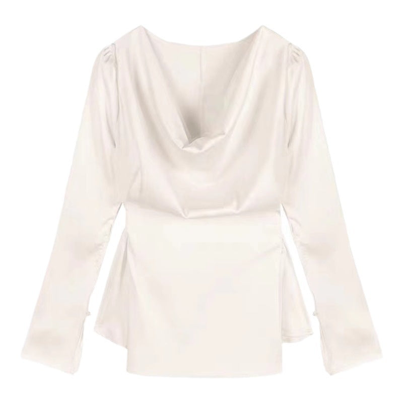 High-end Irregular Bell Sleeve Waist-tight Graceful Satin Long Sleeve Shirt