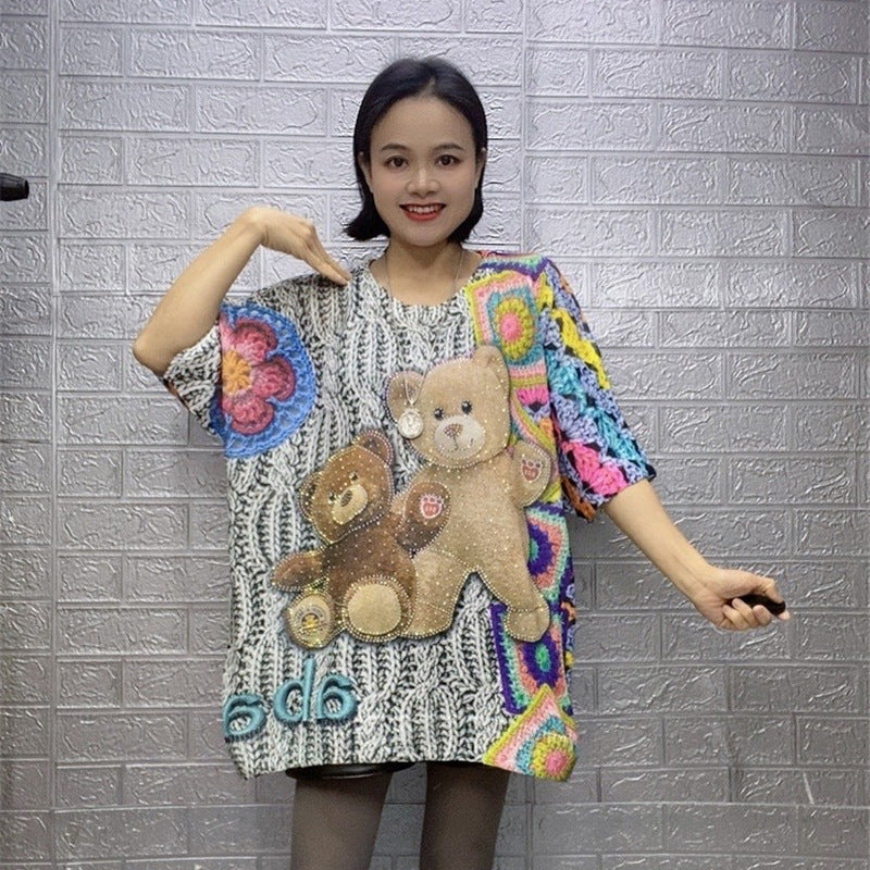 Diamond-embedded Design Printed Women's Loose Sweater Top